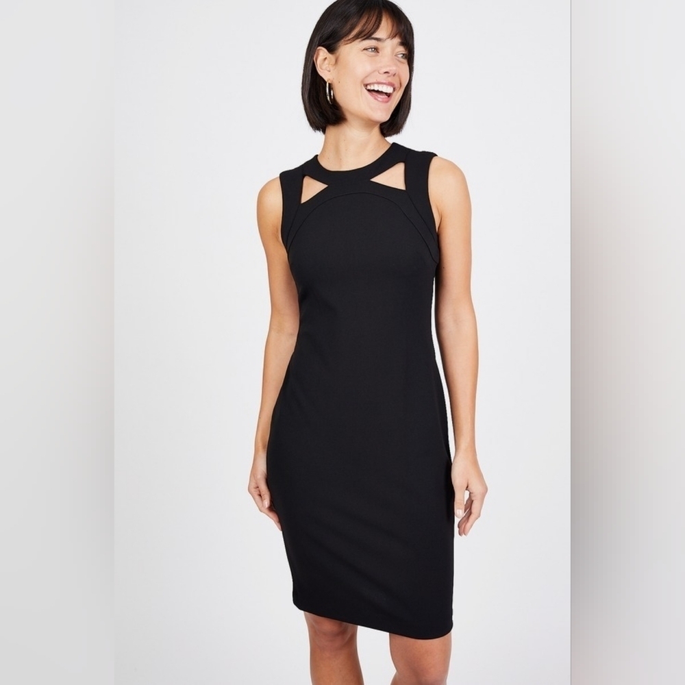 Calvin Klein Black  Sheath Midi Sleeveless Dress Front Cutouts back zipup size 2